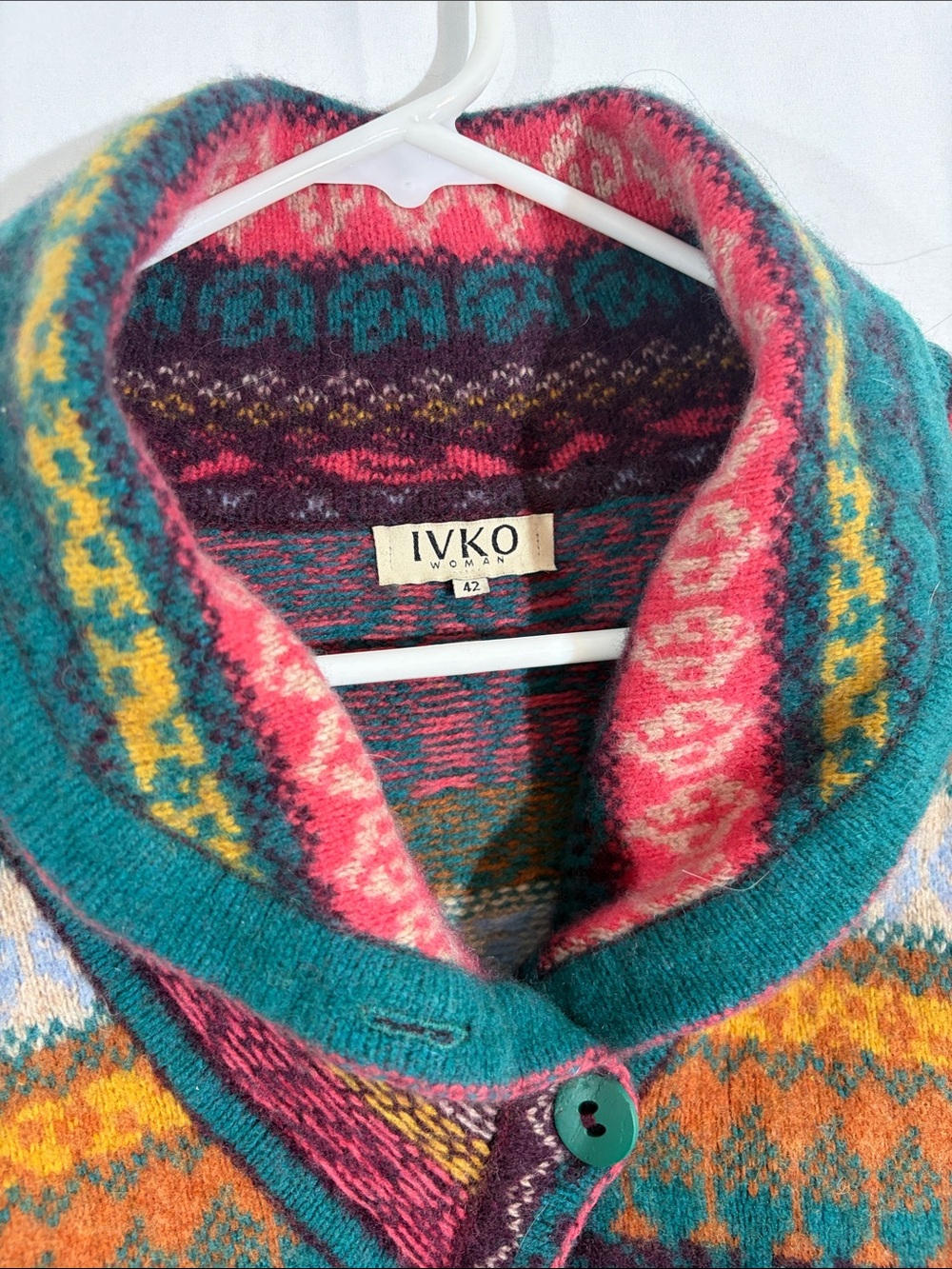 IVKO Multicolor Patterned Shawl Collar Cardigan - Teal, Pink & Gold - Picture 2 of 6